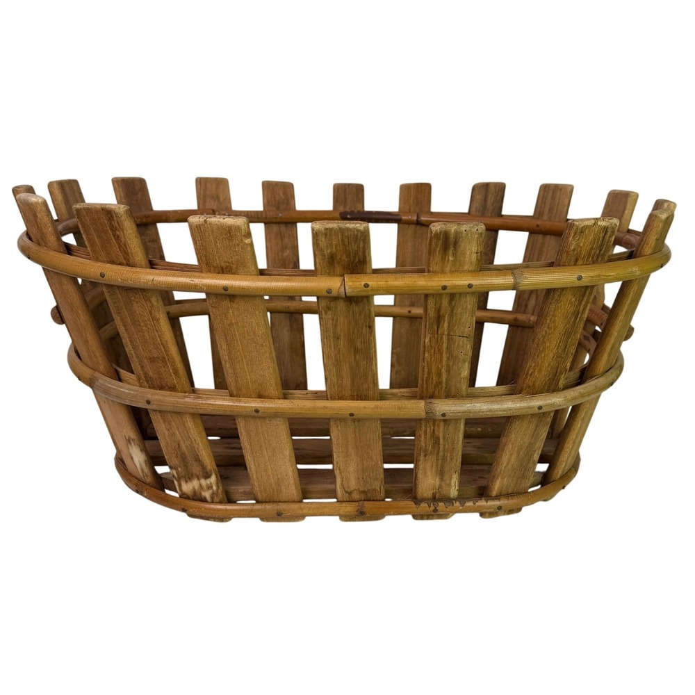 Vintage Large Oval Wooden Slats & Bamboo Basket Rustic Decor Storage Cottagecore - Picture 3 of 9